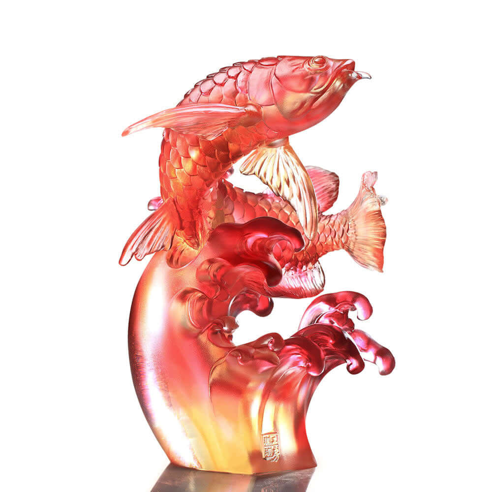 LIULI Crystal Art "Aligned with the Light, I Triumph", Crystal Amber Red Dragon Fish Figurine