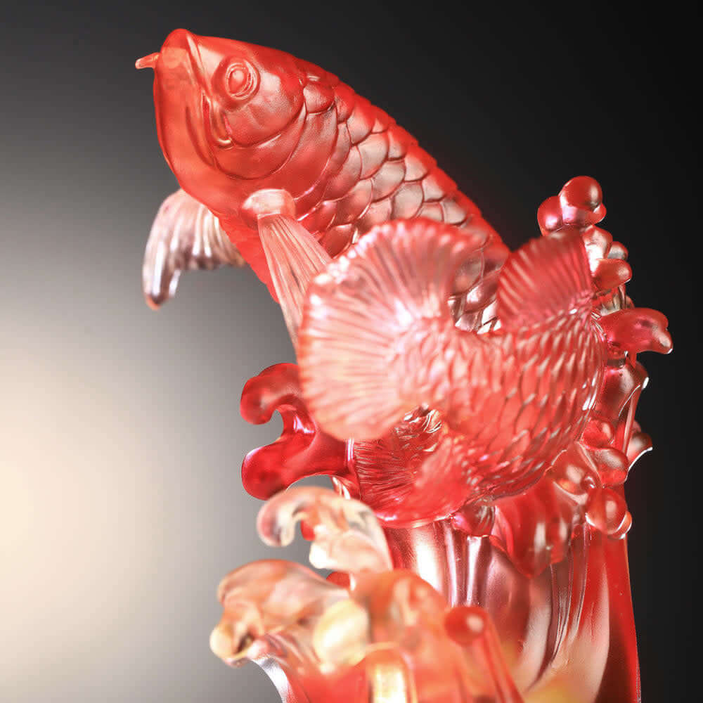 LIULI Crystal Art "Aligned with the Light, I Triumph", Crystal Amber Red Dragon Fish Figurine
