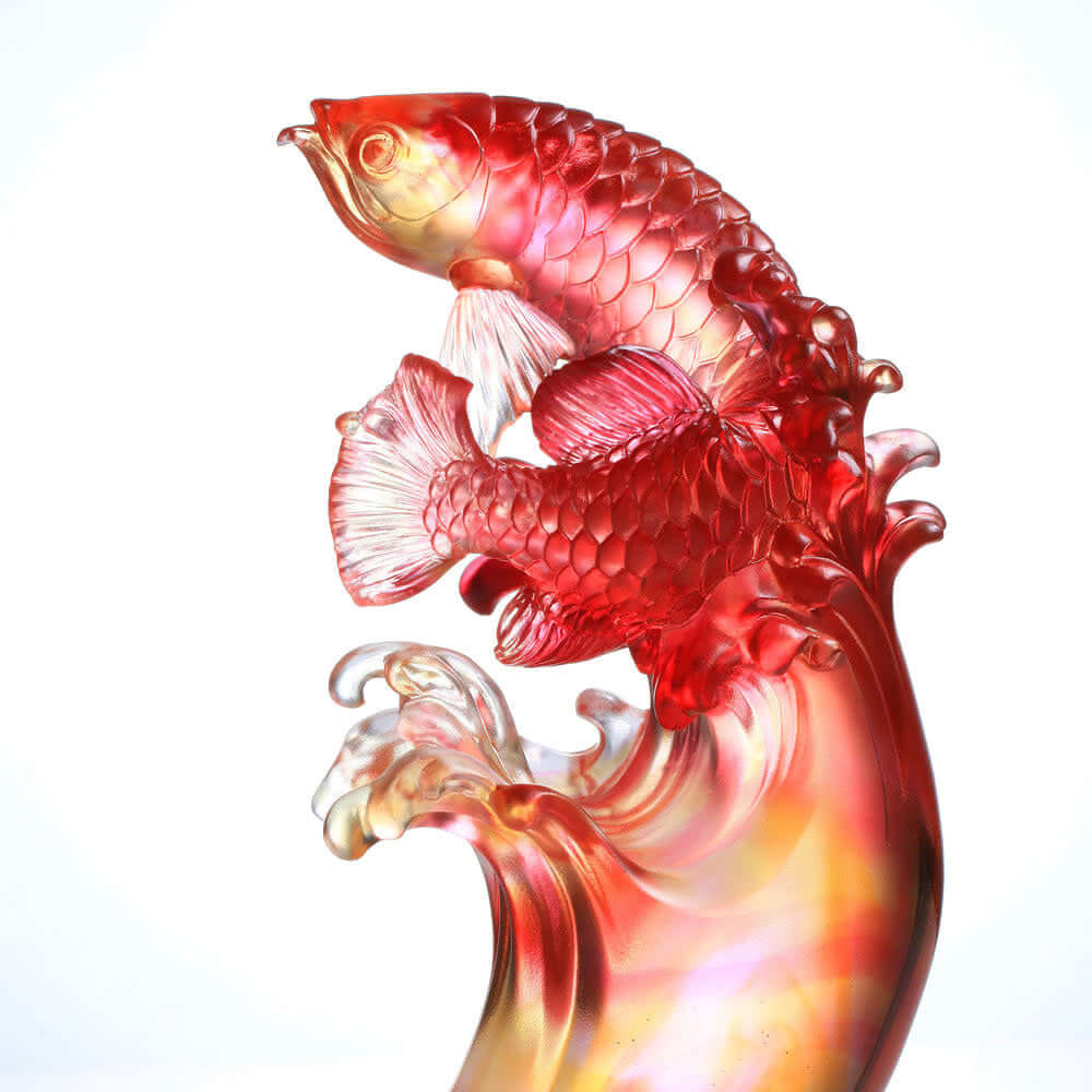 LIULI Crystal Art "Aligned with the Light, I Triumph", Crystal Amber Red Dragon Fish Figurine