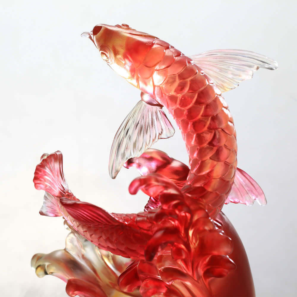 LIULI Crystal Art "Aligned with the Light, I Triumph", Crystal Amber Red Dragon Fish Figurine