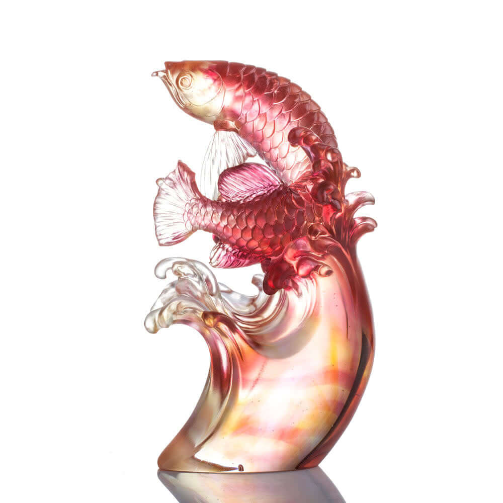 LIULI Crystal Art "Aligned with the Light, I Triumph", Crystal Amber Red Dragon Fish Figurine