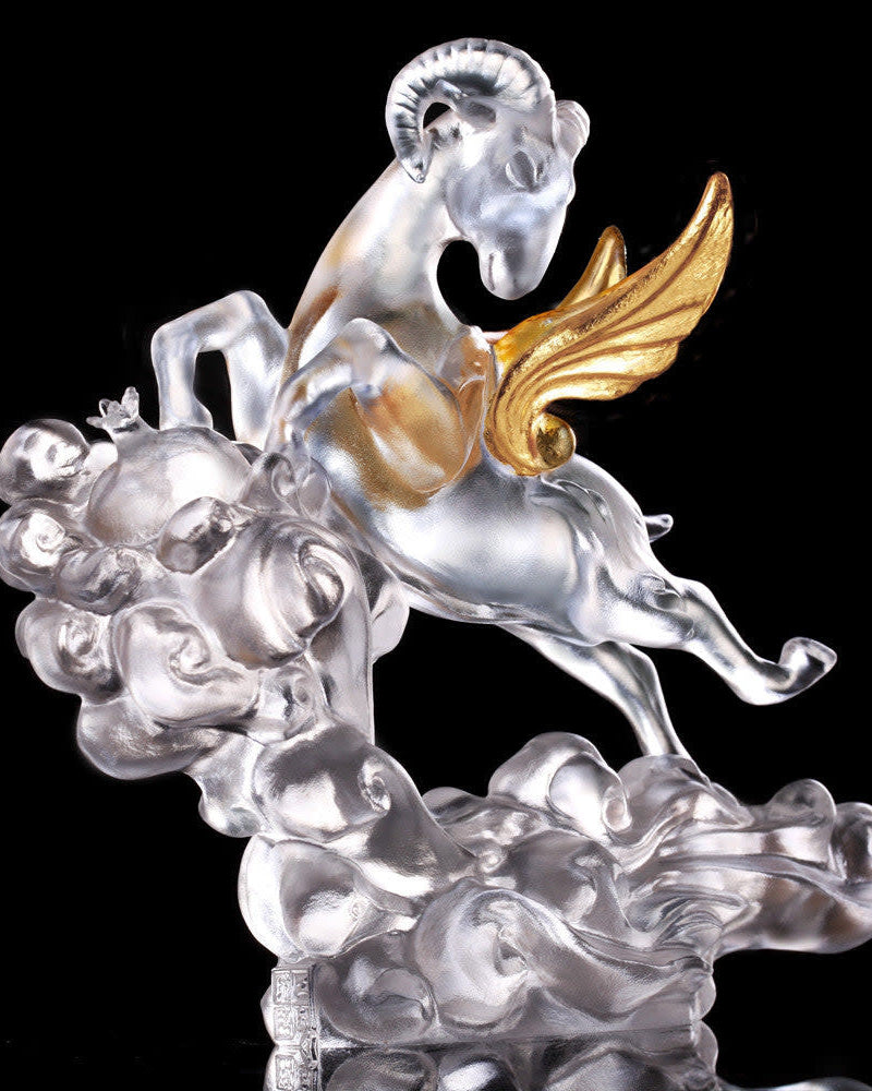 LIULI Crystal Art Crystal Sheep Figurine (Success) - "Frolicking Through the Heavens" (Gold Leaf)