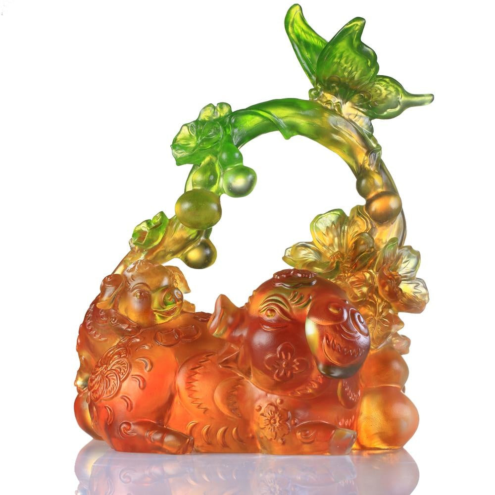 LIULI Crystal Art Crystal Pig and Butterfly, "Fulfillment" Limited Edition, Amber Green