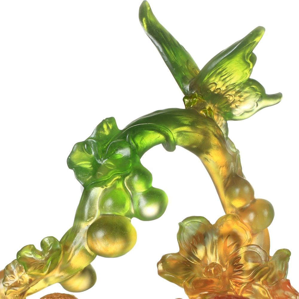 LIULI Crystal Art Crystal Pig and Butterfly, "Fulfillment" Limited Edition, Amber Green