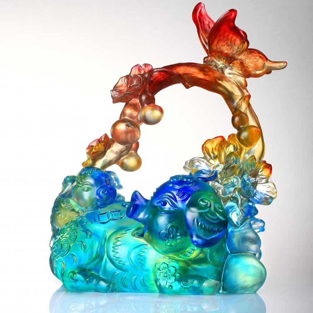 LIULI Crystal Art Crystal Pig and Butterfly, "Fulfillment" Limited Edition, Amber Sky Blue