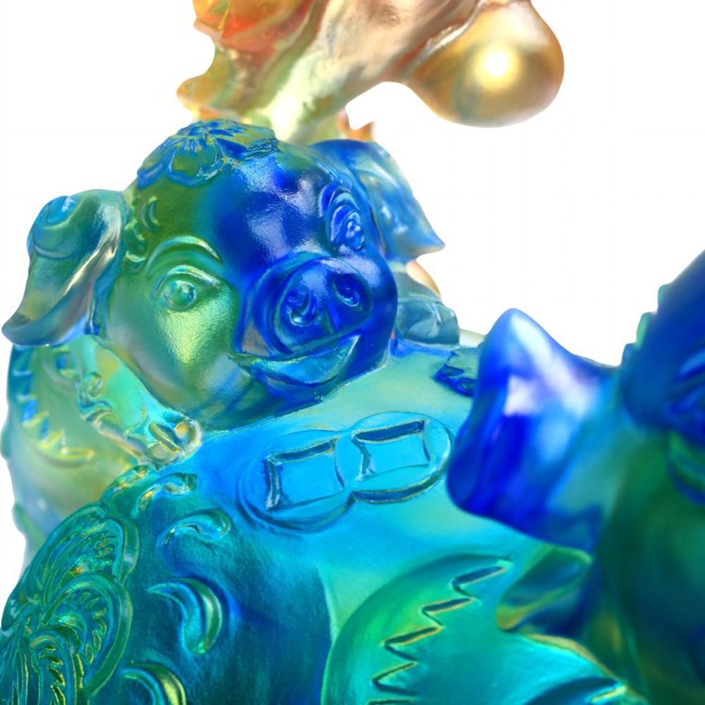 LIULI Crystal Art Crystal Pig and Butterfly, "Fulfillment" Limited Edition, Amber Sky Blue