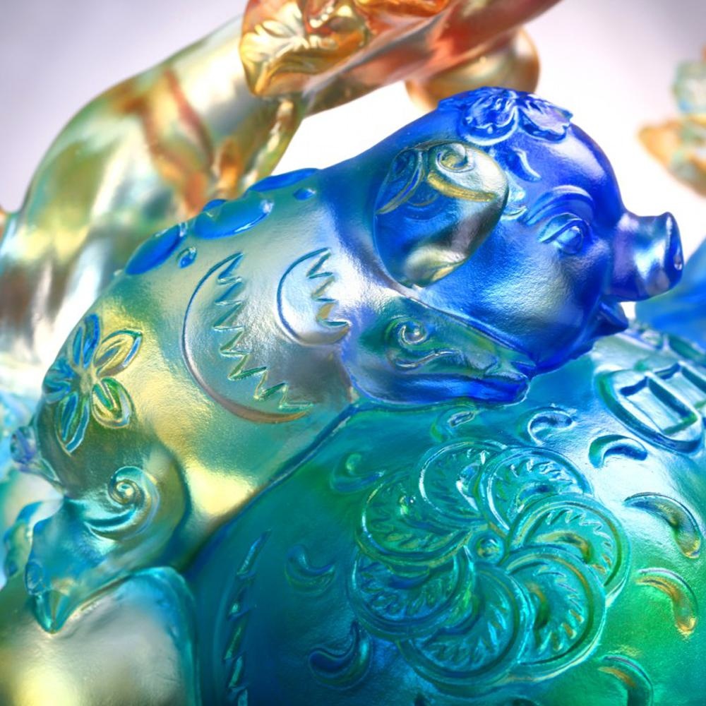 LIULI Crystal Art Crystal Pig and Butterfly, "Fulfillment" Limited Edition, Amber Sky Blue