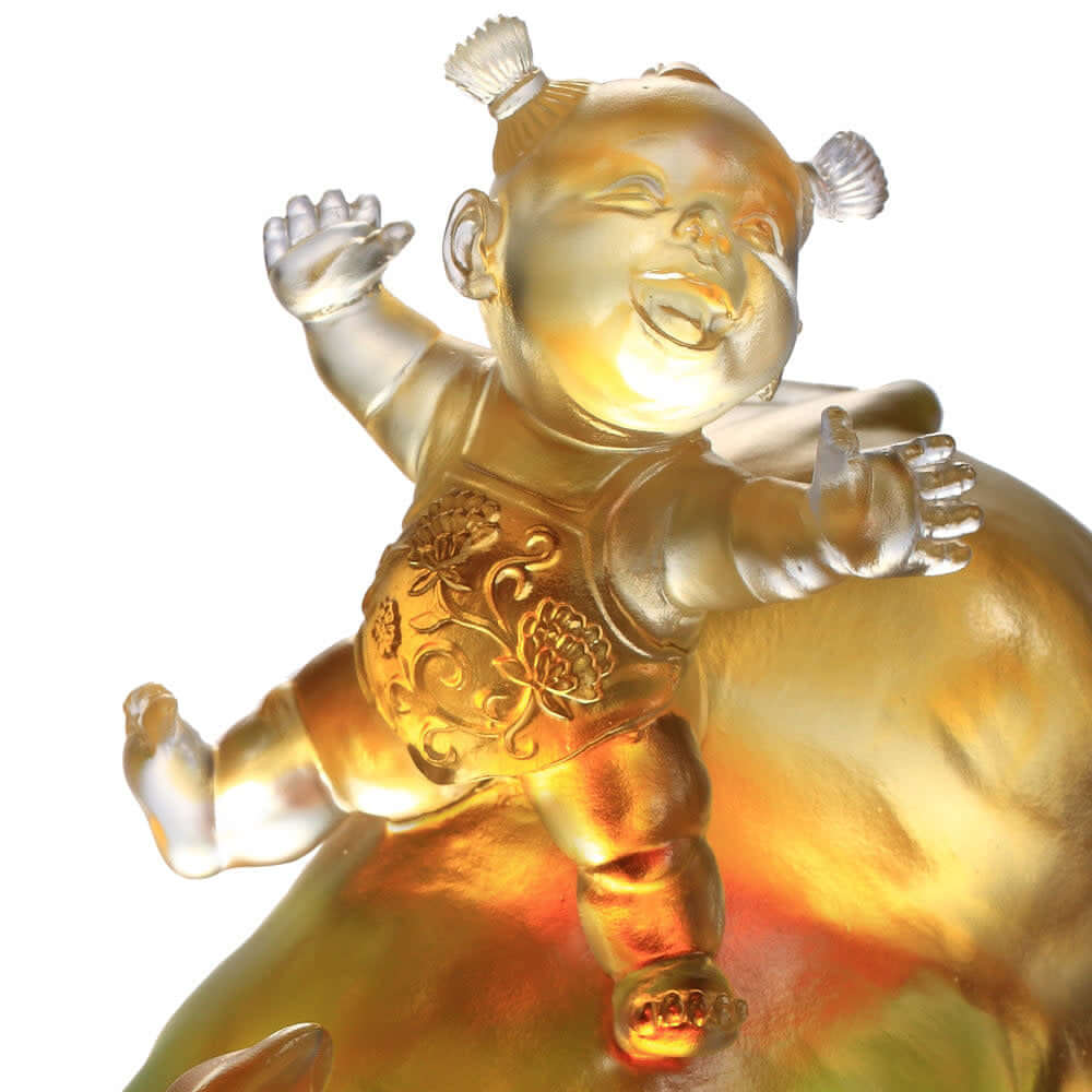 LIULI Crystal Art Crystal Animal, Baby Doll Riding Pig, Happy Together