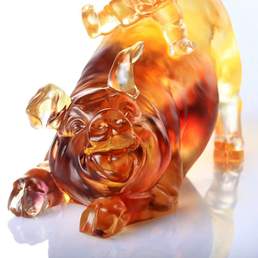LIULI Crystal Art Crystal Animal, Baby Doll Riding Pig, Happy Together