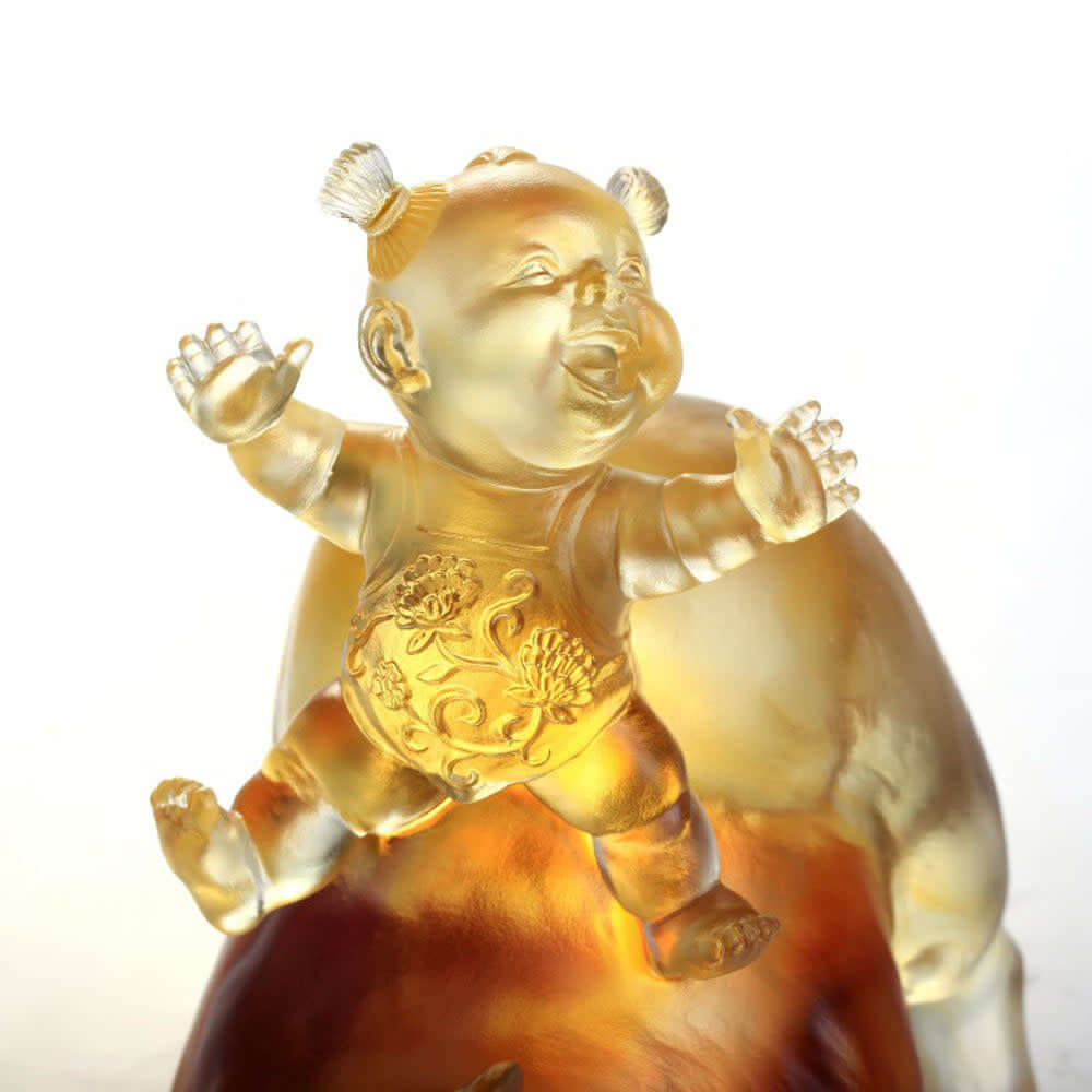 LIULI Crystal Art Crystal Animal, Baby Doll Riding Pig, Happy Together