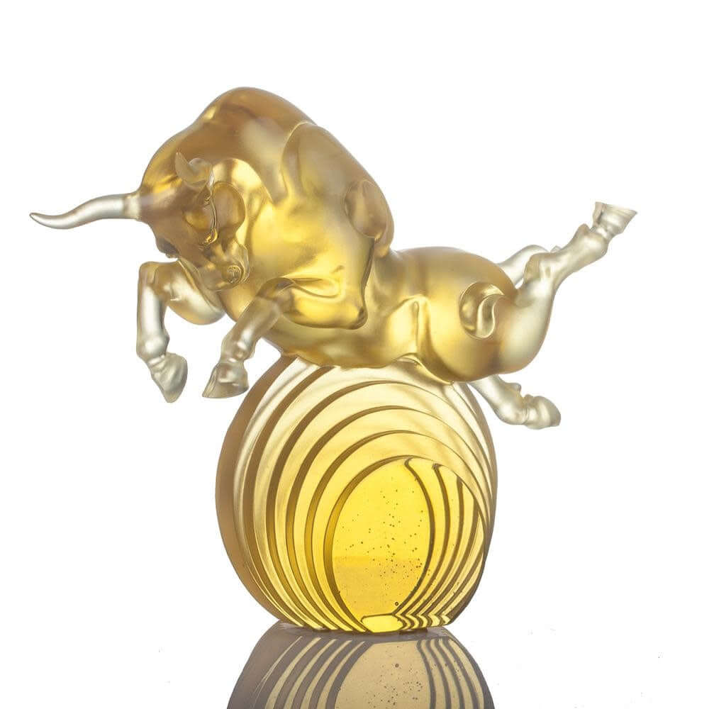 LIULI Crystal Art Crystal Art Bull Statue in Gold "Rise Above" Limited Edition