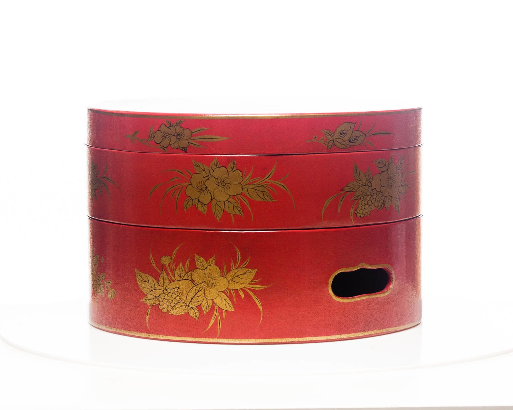 Mandarin Red Nurture 2-Tier Round Leather Sewing Box (14")