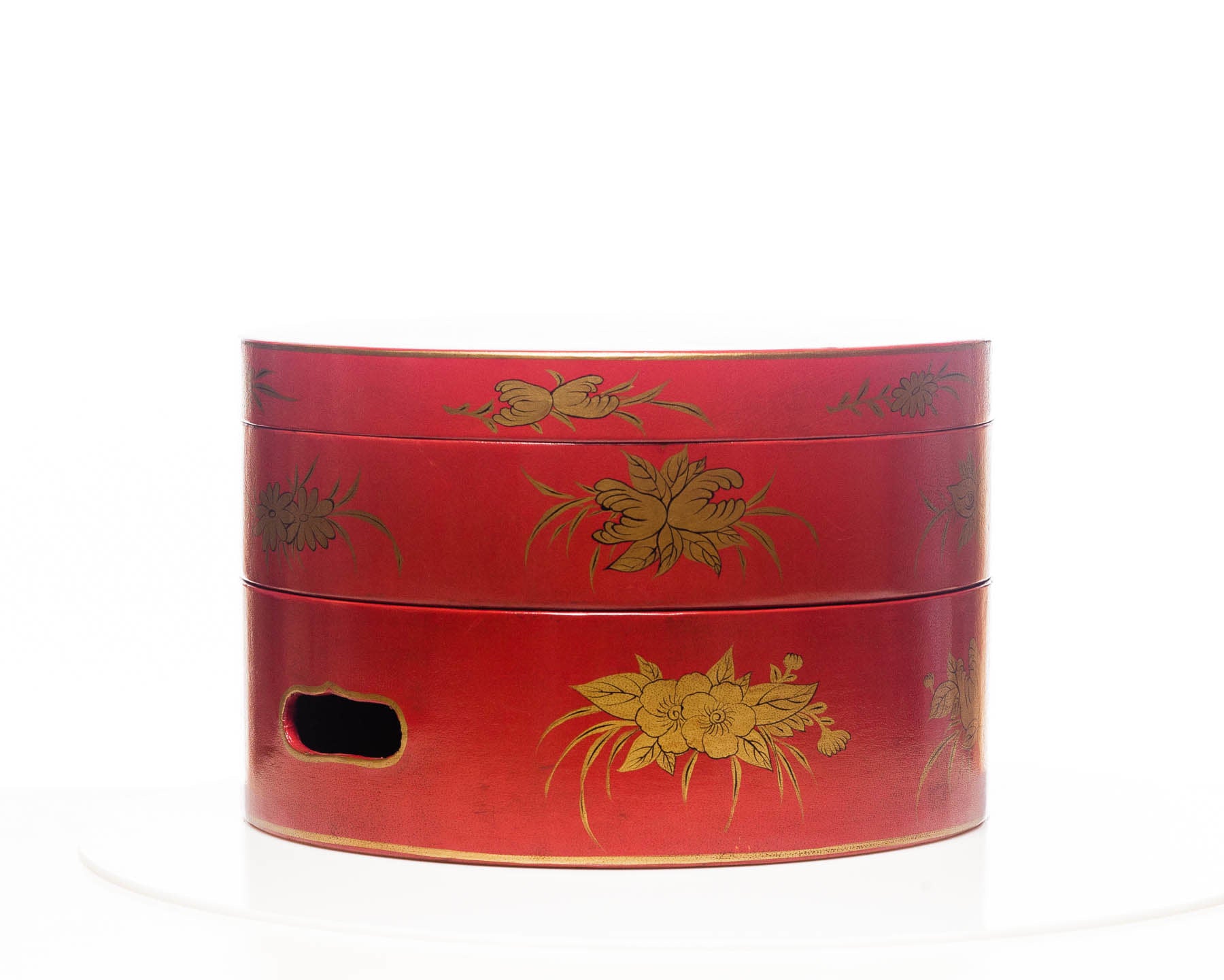 Mandarin Red Nurture 2-Tier Round Leather Sewing Box (14")