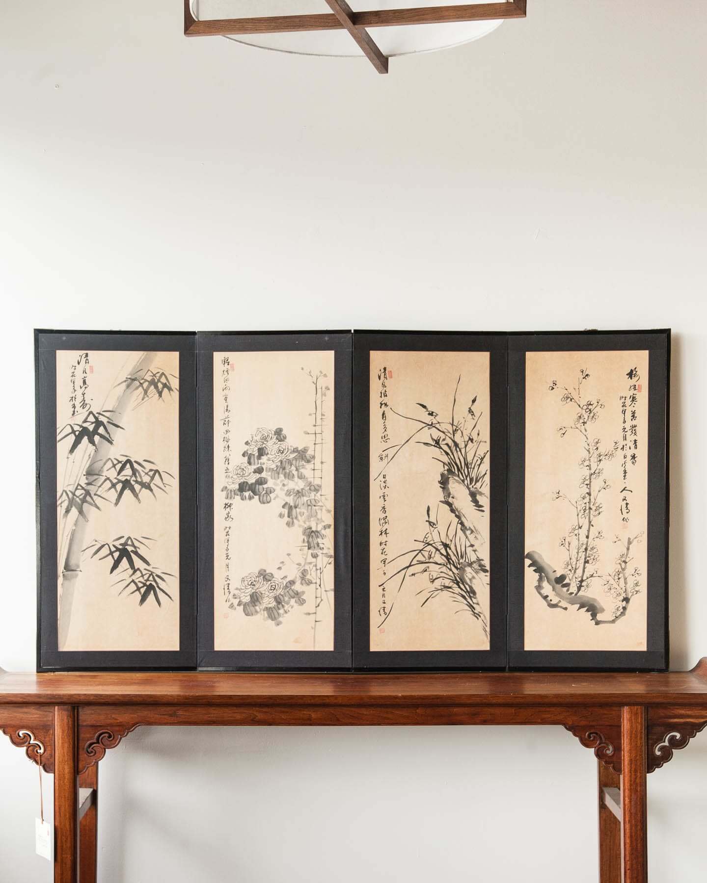 Lawrence & Scott "Bamboo, Plum, Peony'' Sumi Ink on Paper 4-Panel Screen