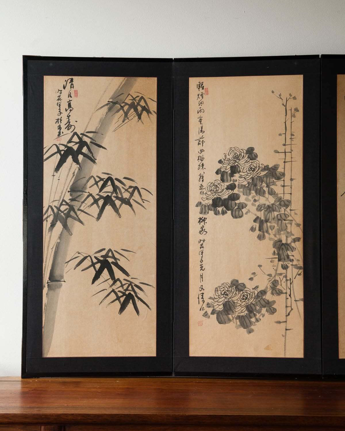 Lawrence & Scott "Bamboo, Plum, Peony'' Sumi Ink on Paper 4-Panel Screen