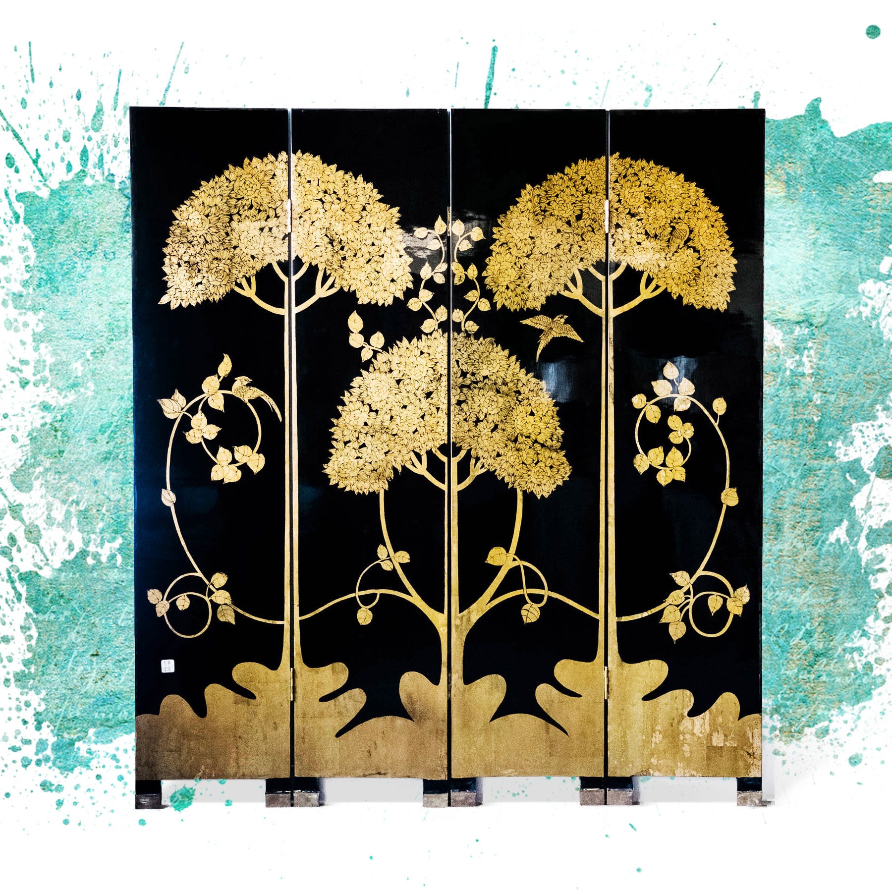 Japanese Large Four-Panel High-Gloss Cherry Blossom Screen/Room Divider