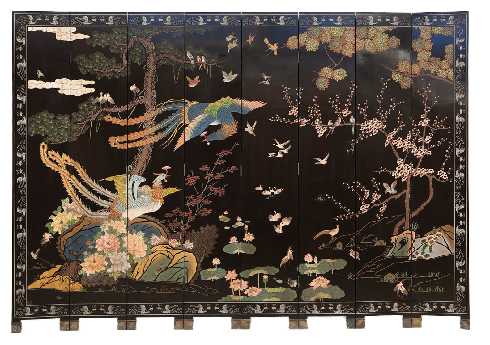 Lawrence & Scott 8-Panel Black Phoenix Double-Sided Coromandel Screen
