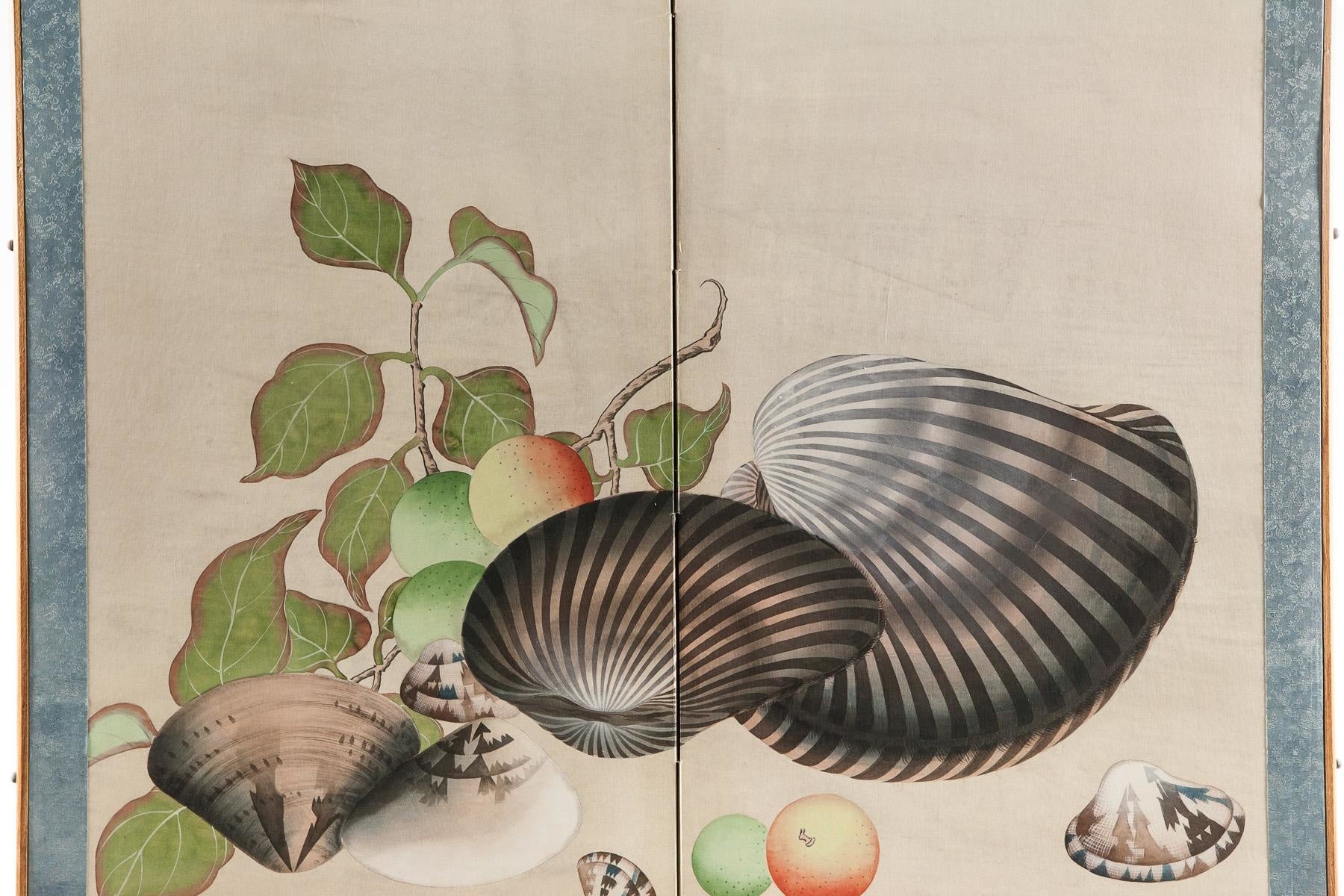 Lawrence & Scott Sung Tze-Chin Chinoiserie "Clams & Fruit" Silk Hanging Two-Panel Screen 17'' x 48''