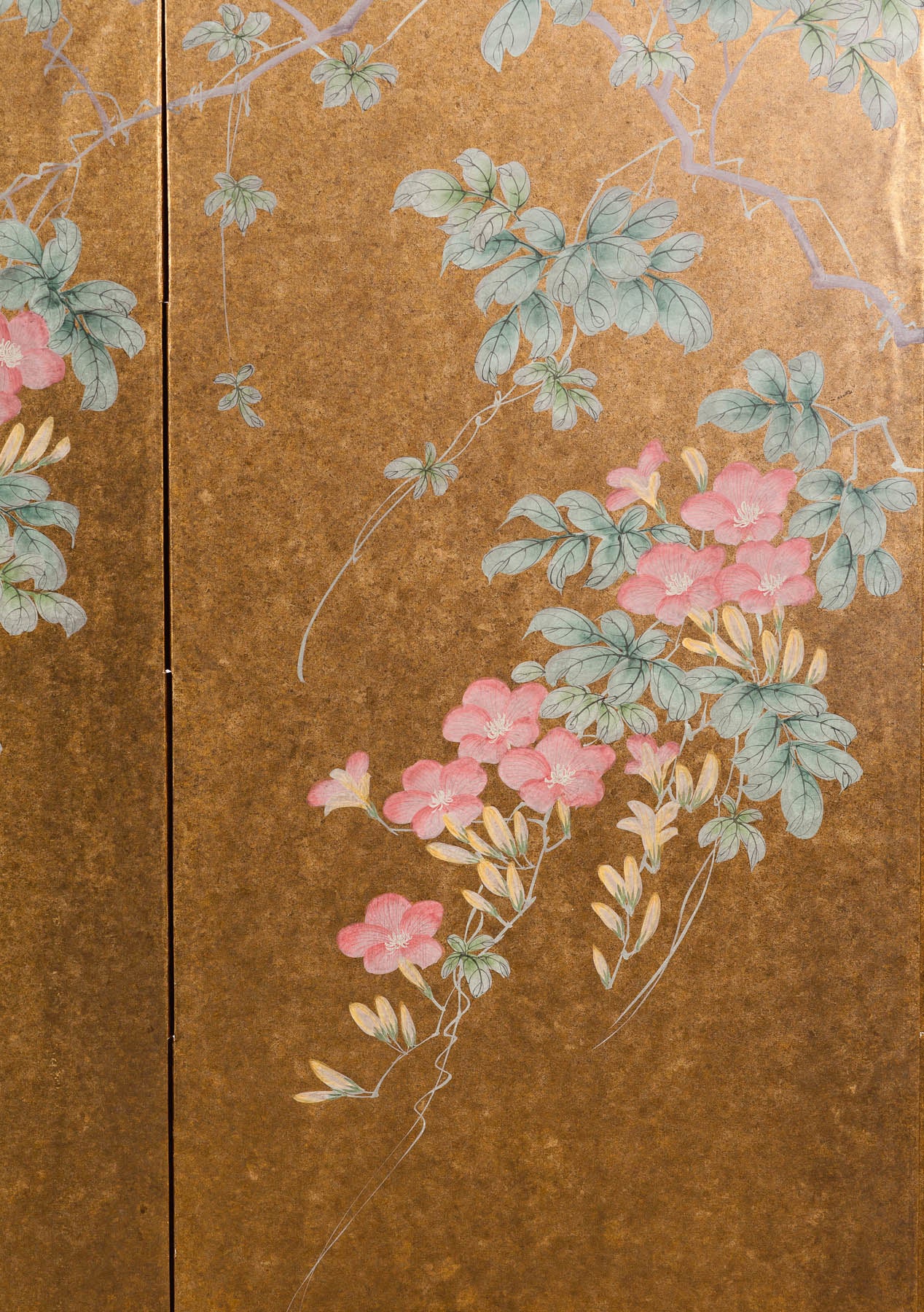 Japanese Rinpa-Style Custom "Flowers and Birds" Chinoiserie 4-Panel Screen