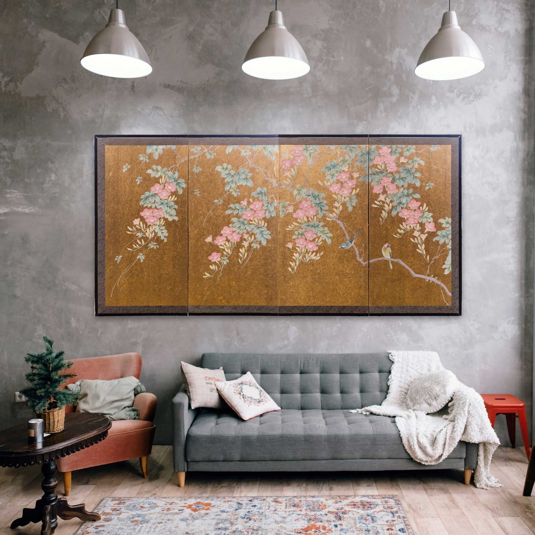 Japanese Rinpa-Style Custom "Flowers and Birds" Chinoiserie 4-Panel Screen