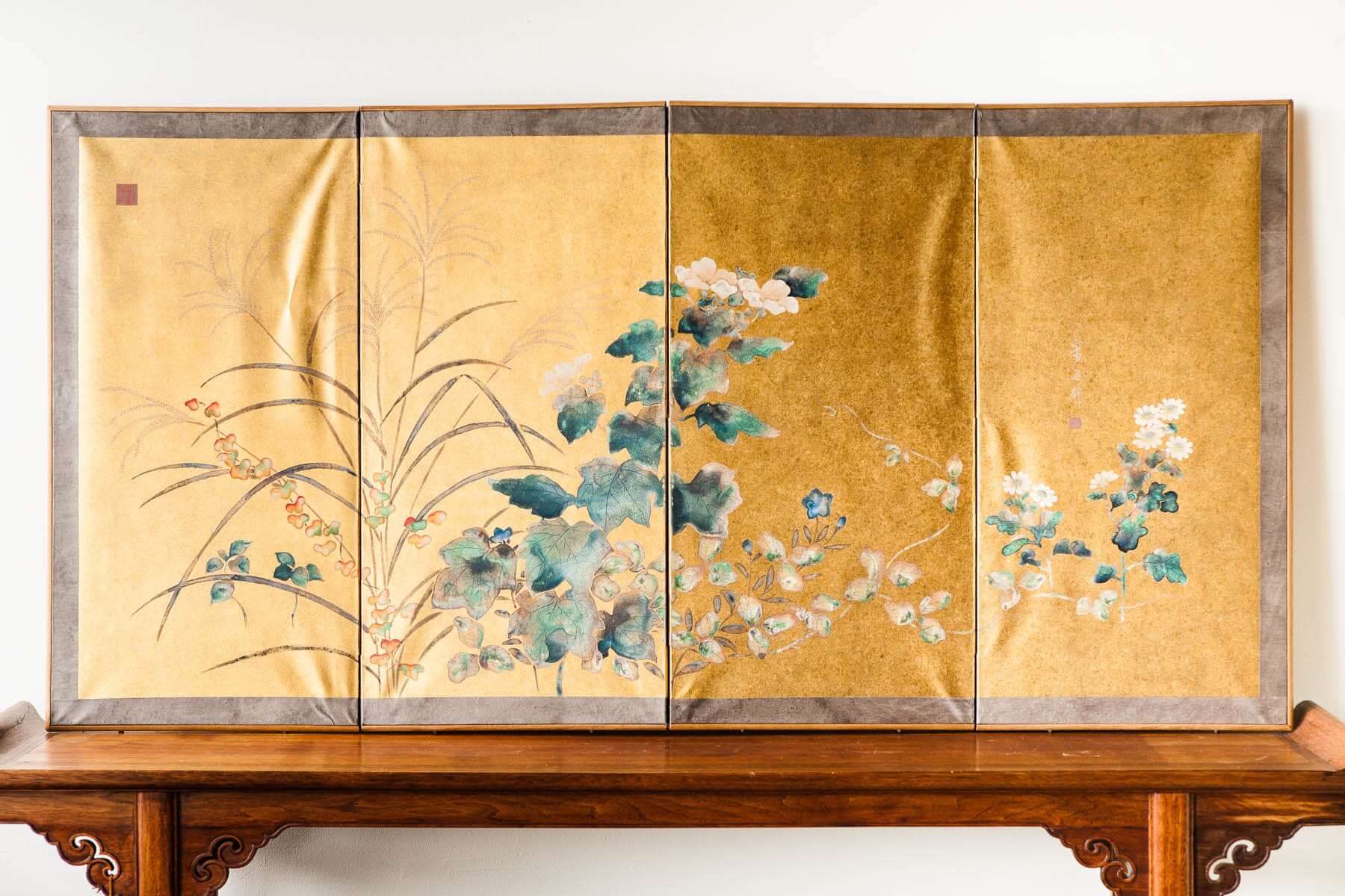 Lawrence & Scott " Twilight Garden" by Sung Tze-Chin on gold foil 4-Panel Screen