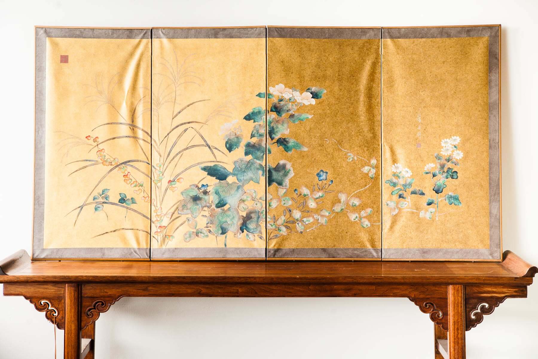 Lawrence & Scott " Twilight Garden" by Sung Tze-Chin on gold foil 4-Panel Screen