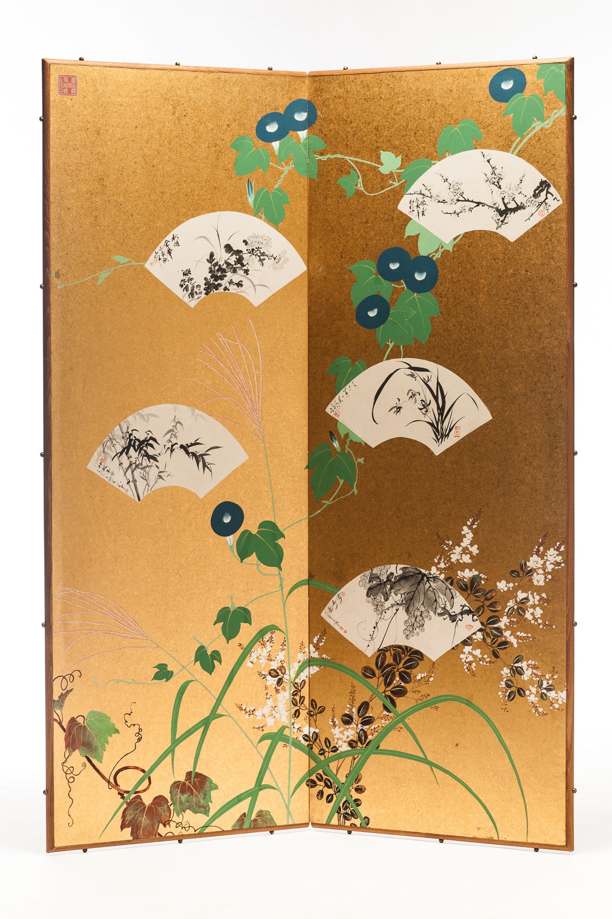 Lawrence & Scott SCREEN:''IVY&FANS'' on gold foil 18'' x 46'' x 2 panels