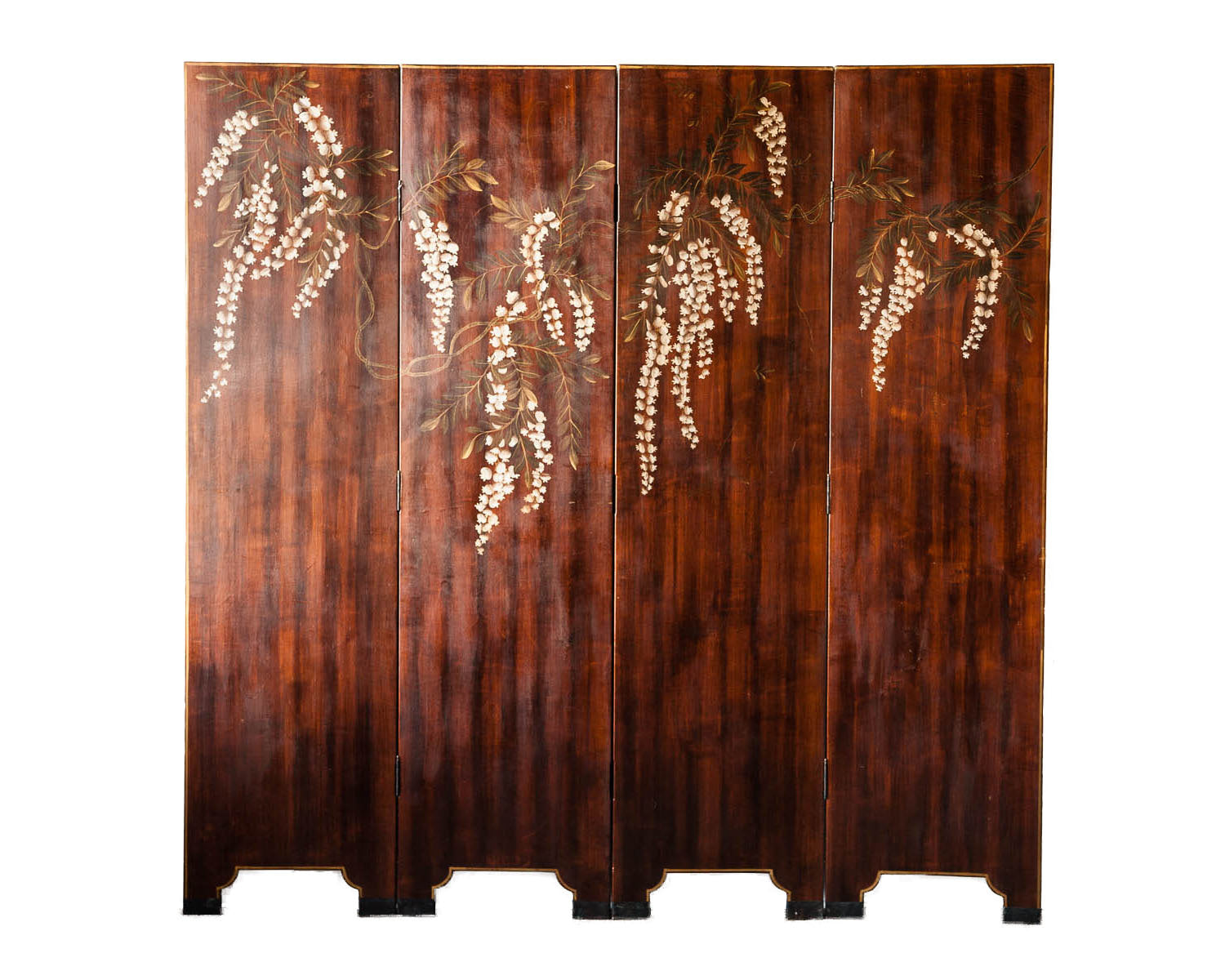 Double-Sided Leather Wisteria & Bamboo Scene 4-Panel Room Divider Screen in Mahogany