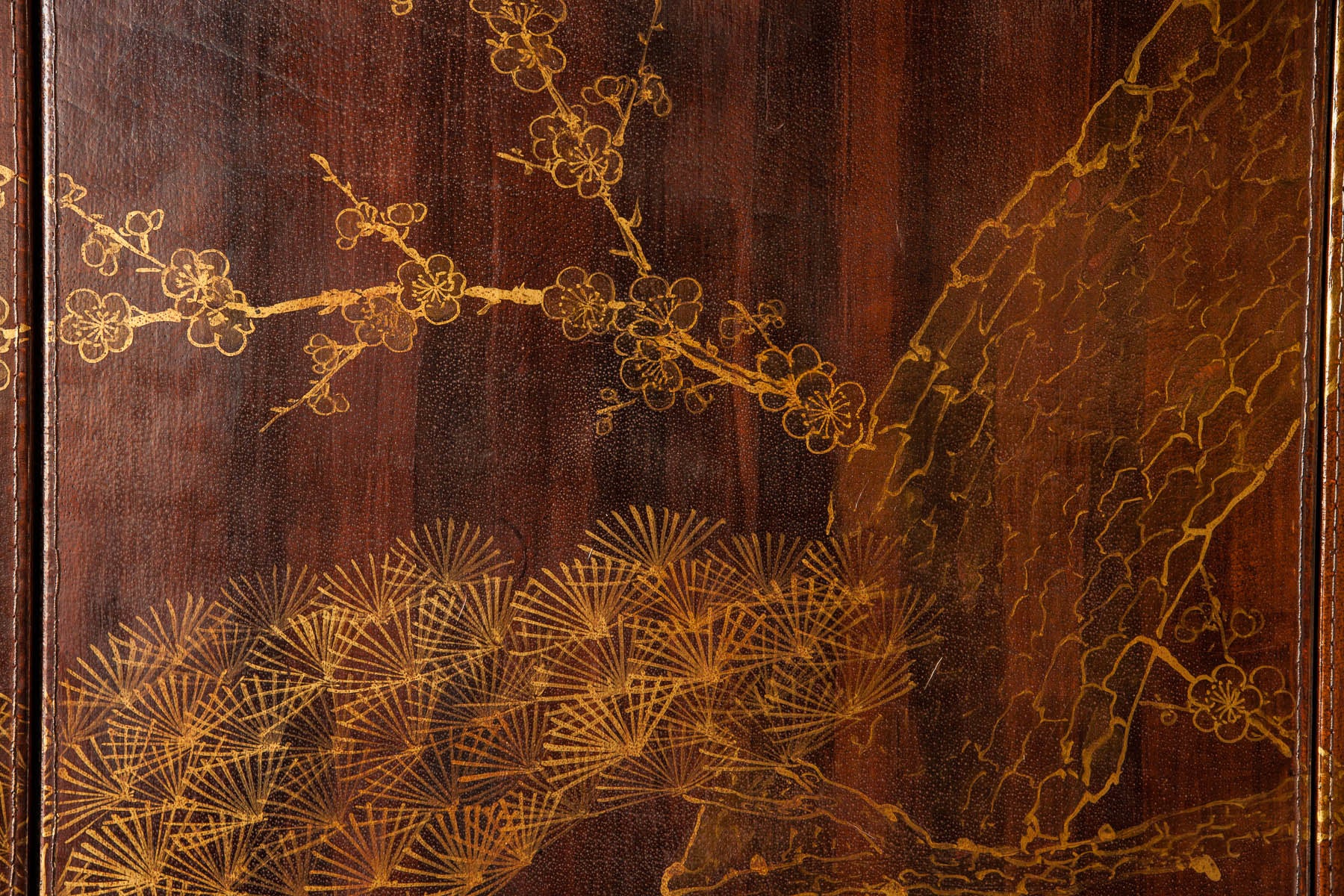 Double-Sided Leather Wisteria & Bamboo Scene 4-Panel Room Divider Screen in Mahogany