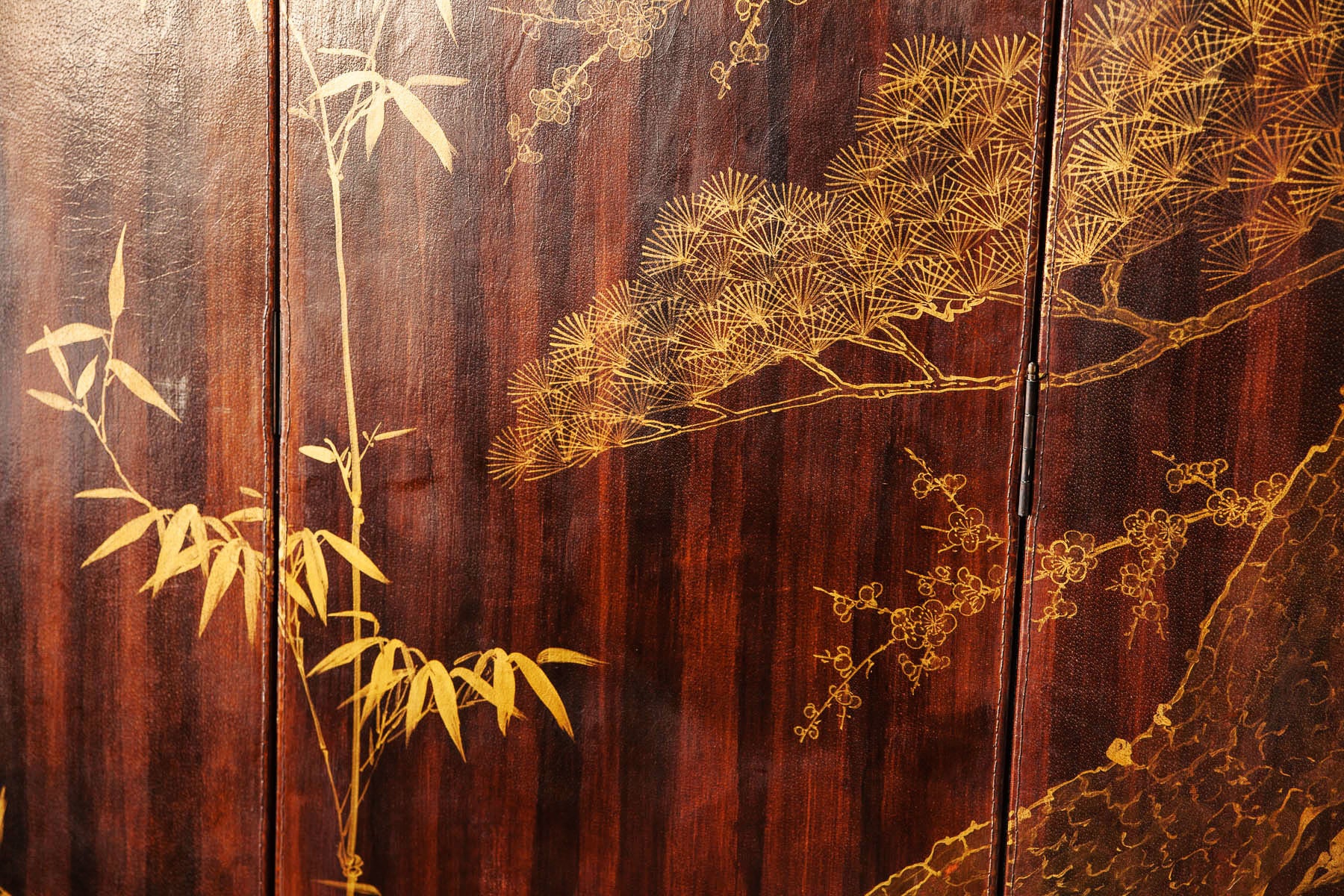 Double-Sided Leather Wisteria & Bamboo Scene 4-Panel Room Divider Screen in Mahogany