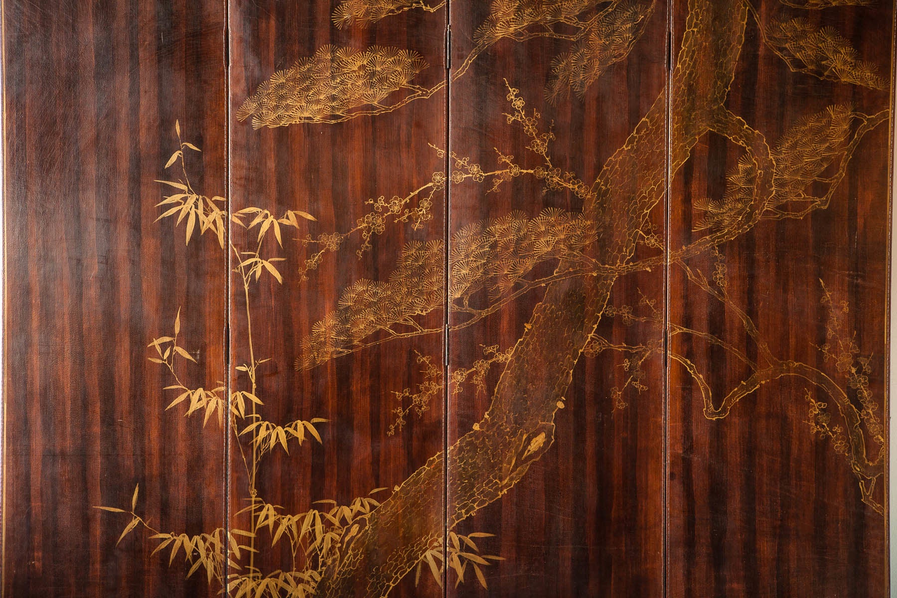 Double-Sided Leather Wisteria & Bamboo Scene 4-Panel Room Divider Screen in Mahogany