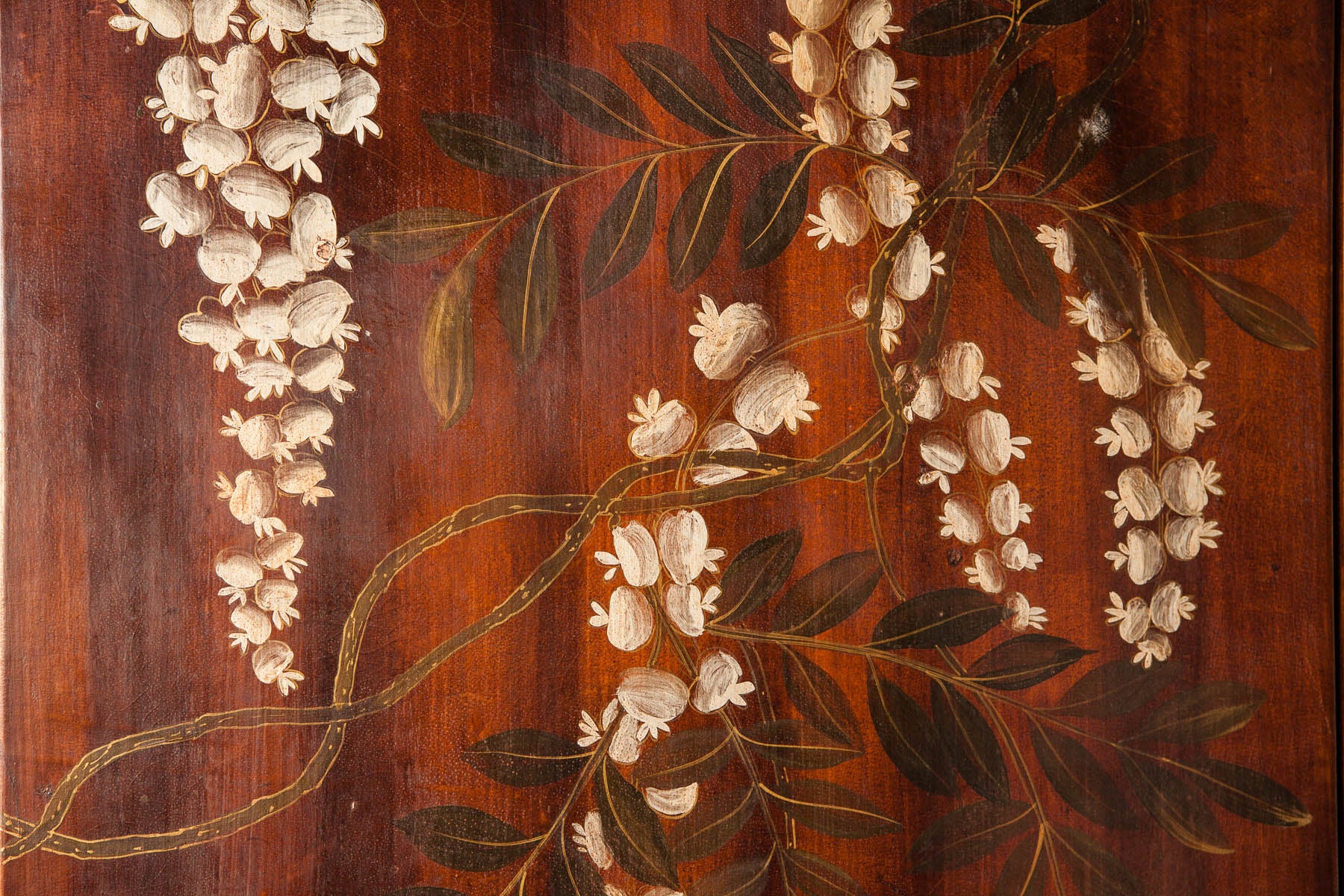 Double-Sided Leather Wisteria & Bamboo Scene 4-Panel Room Divider Screen in Mahogany