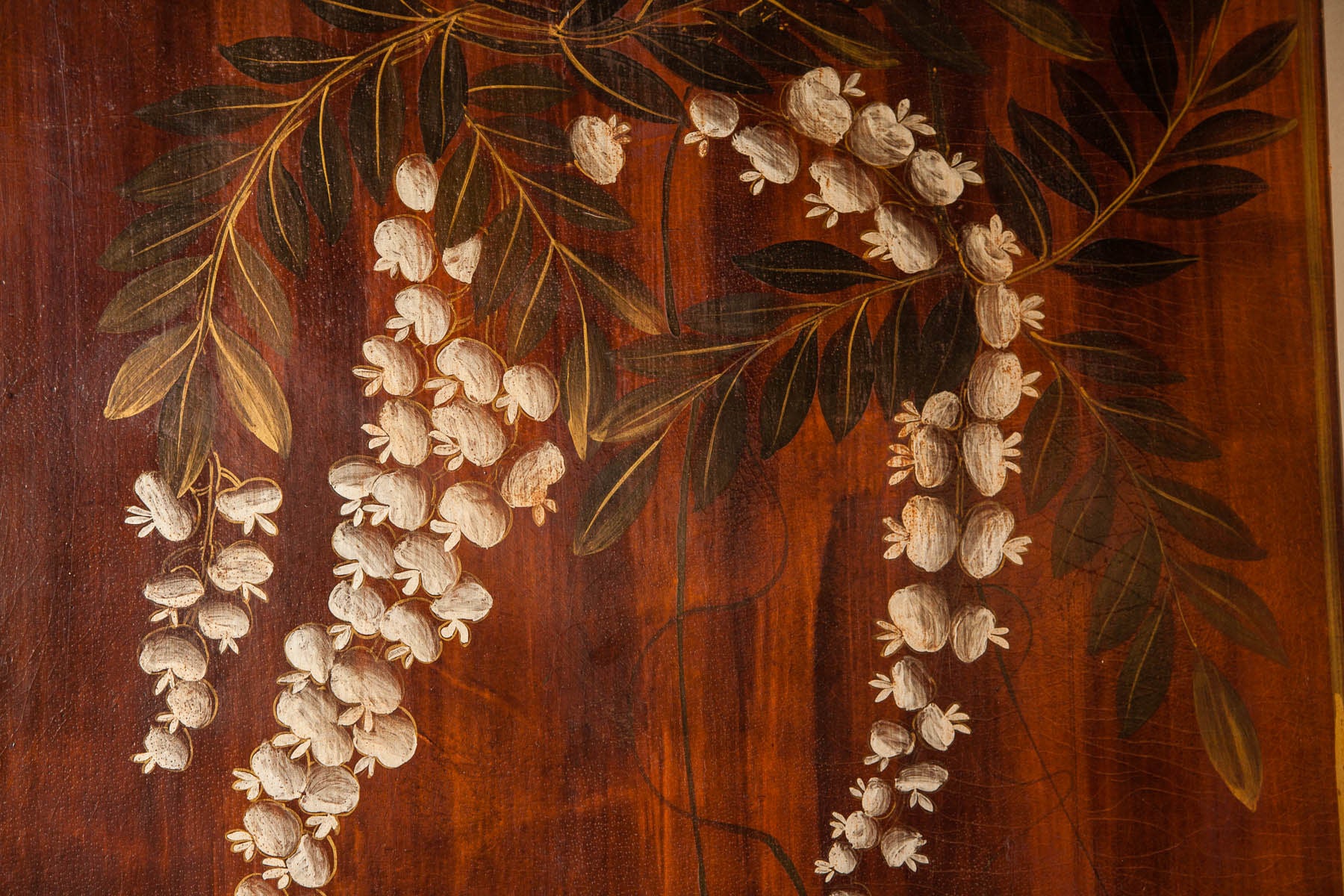 Double-Sided Leather Wisteria & Bamboo Scene 4-Panel Room Divider Screen in Mahogany
