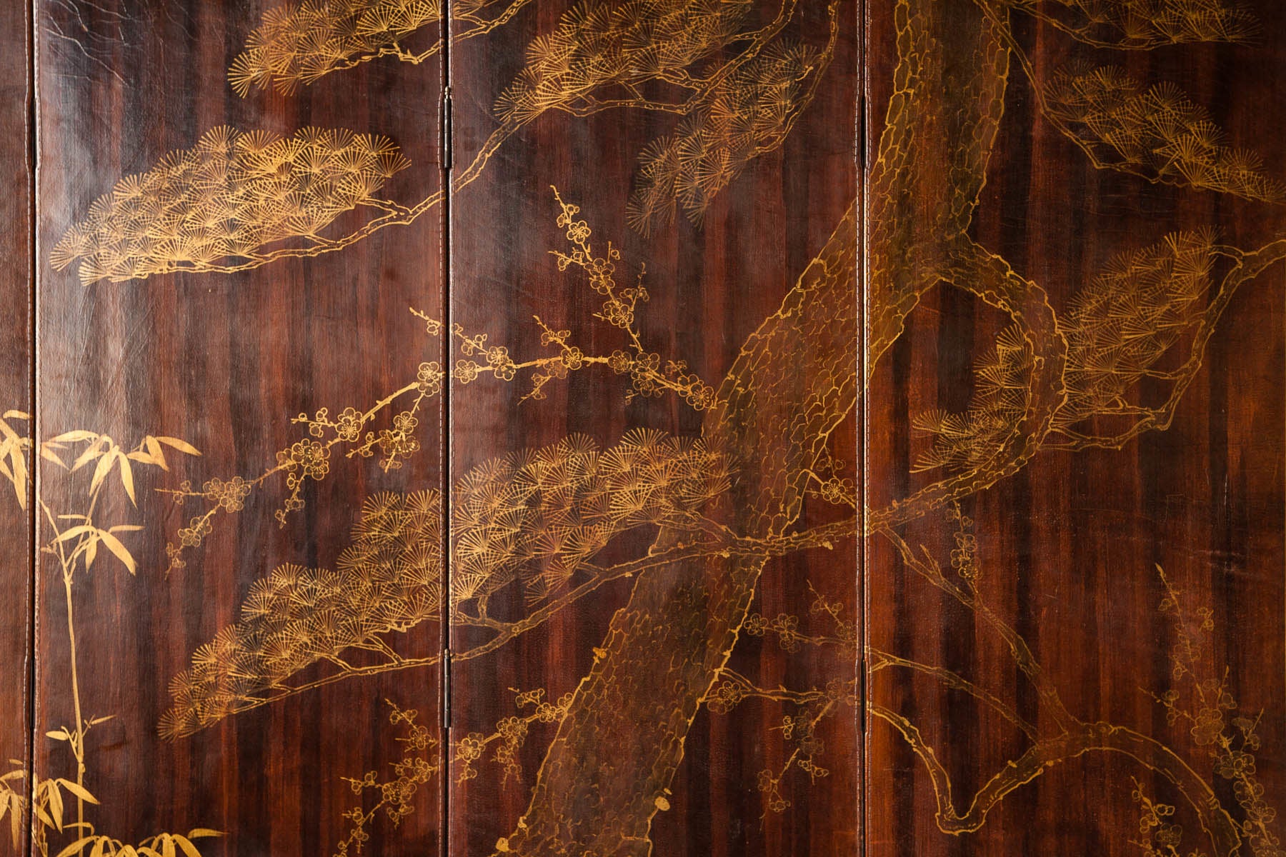 Double-Sided Leather Wisteria & Bamboo Scene 4-Panel Room Divider Screen in Mahogany