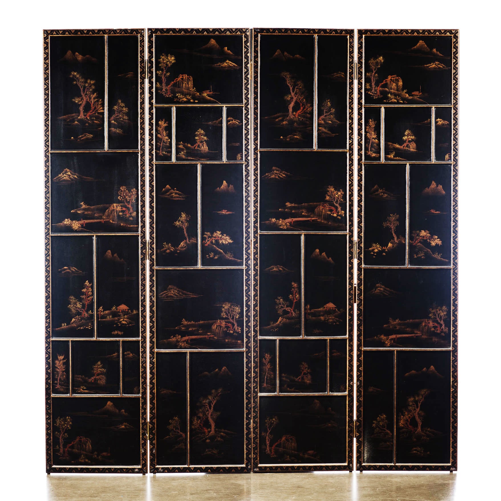 Lawrence & Scott Japanese Large Four-Panel Kano Style Landscapes Screen Room Divider