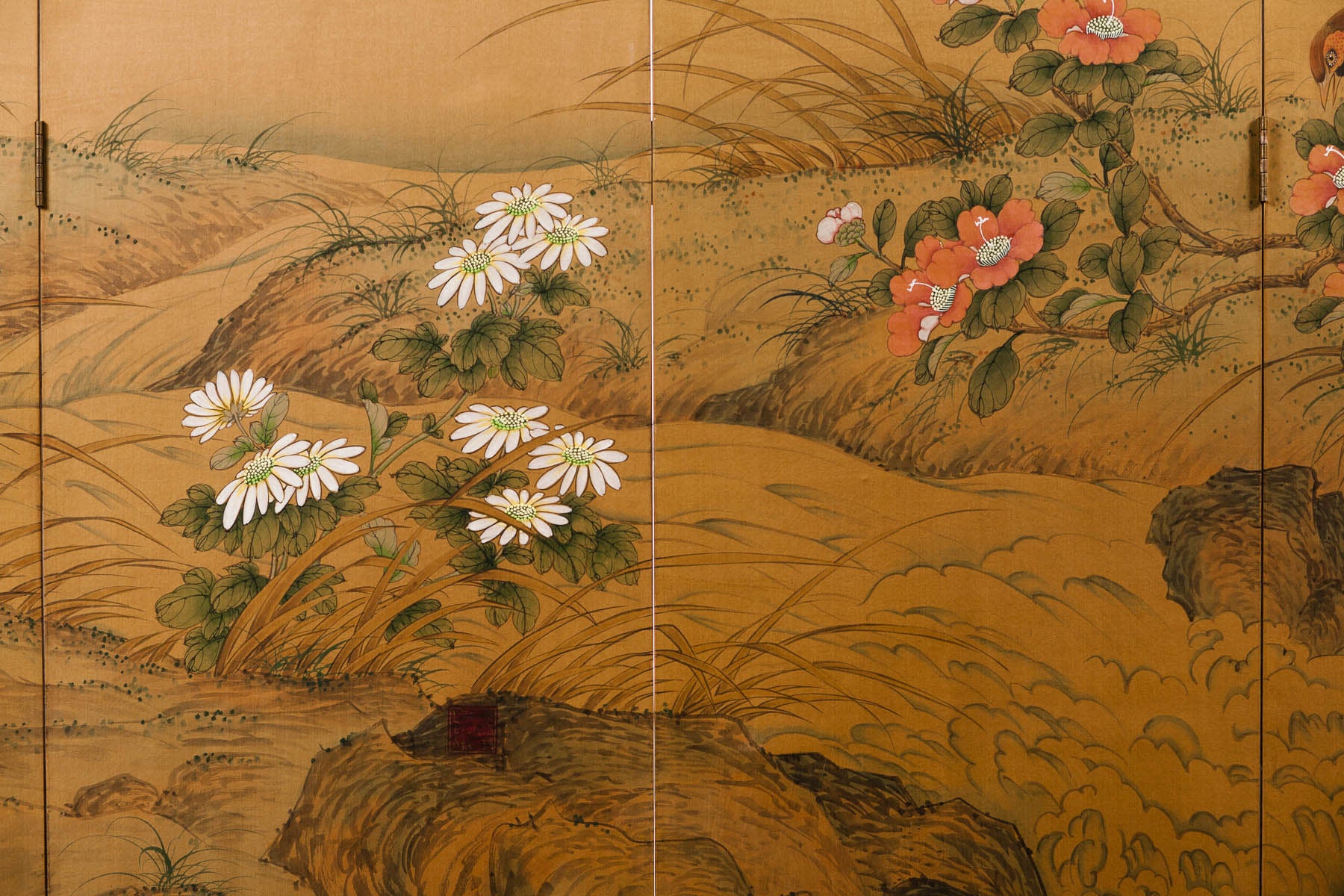 Sung Tze-Chin "Joyous Spring" Ink on Silk 6-Panel Screen (7 ft x 9 ft)