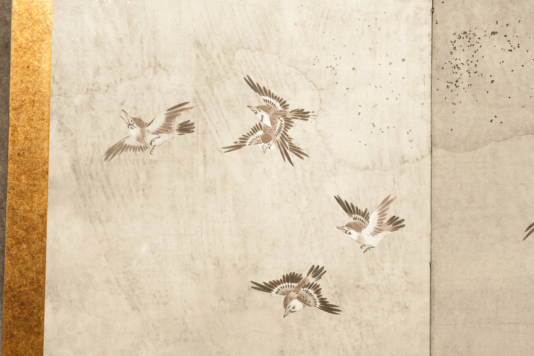 Lawrence & Scott Sung Tze-Chin Chinese "Magpies in Flight" Two-Panel Screen Silk Hanging Screen 24" W x 48" H