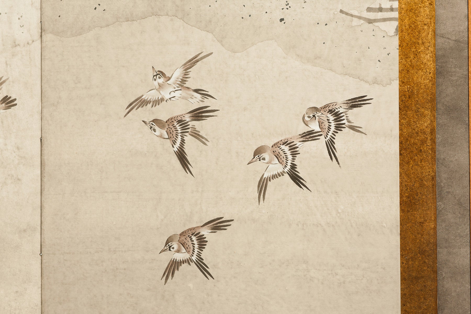 Lawrence & Scott Sung Tze-Chin Chinese "Magpies in Flight" Two-Panel Screen Silk Hanging Screen 24" W x 48" H