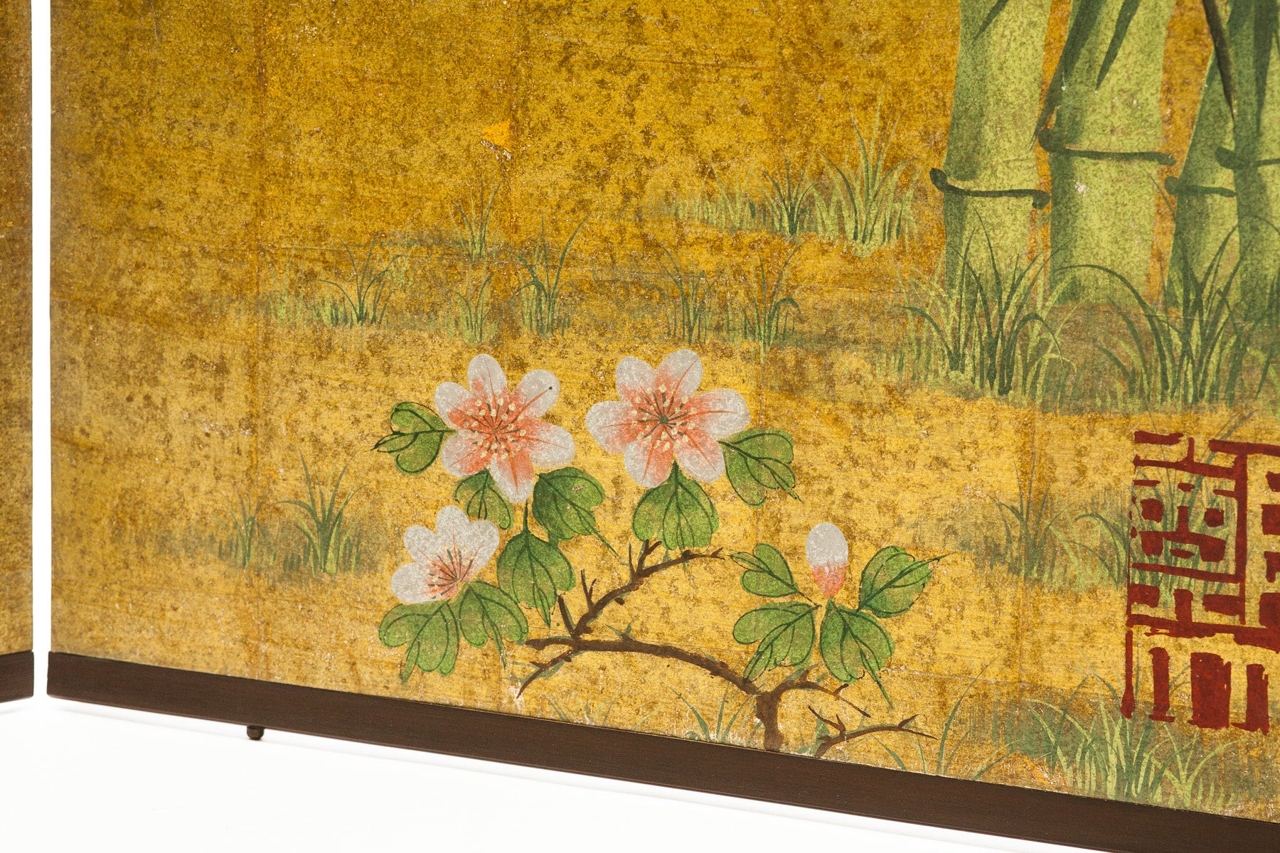 Lawrence & Scott Chinese Inspired "Bamboo Scene With Poem" Hand-Painted Gold Foil 2-Panel Screen 48" W x 50" H