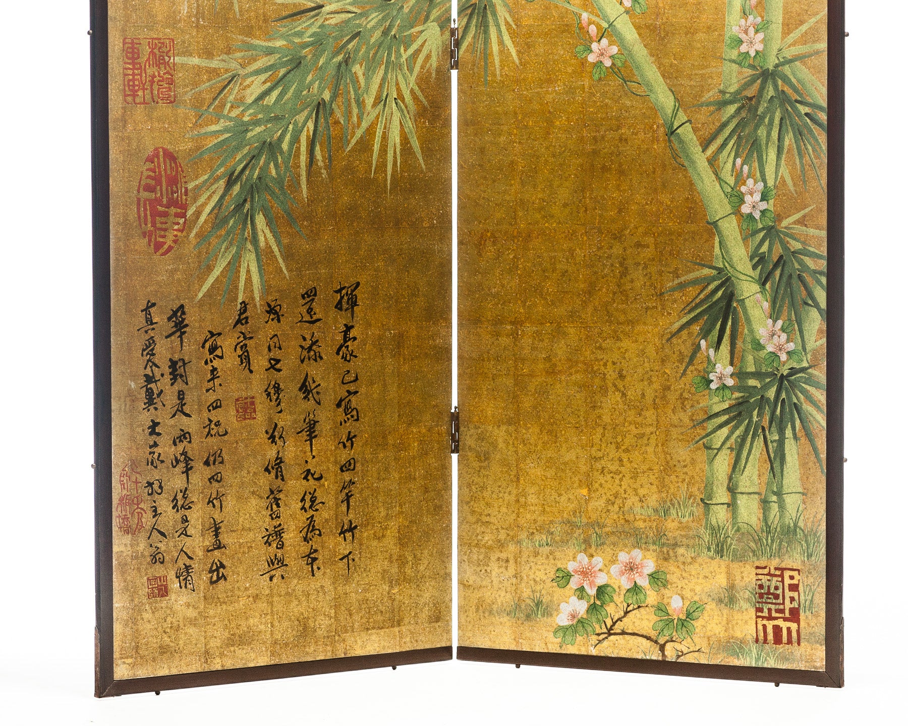 Lawrence & Scott Chinese Inspired "Bamboo Scene With Poem" Hand-Painted Gold Foil 2-Panel Screen 48" W x 50" H