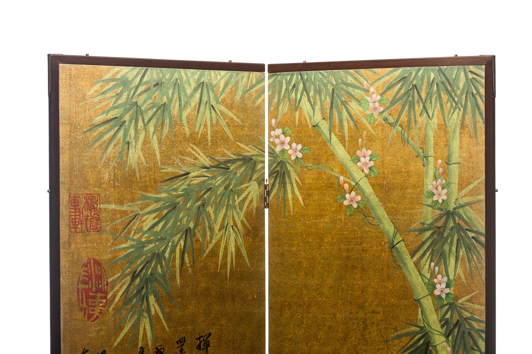 Lawrence & Scott Chinese Inspired "Bamboo Scene With Poem" Hand-Painted Gold Foil 2-Panel Screen 48" W x 50" H