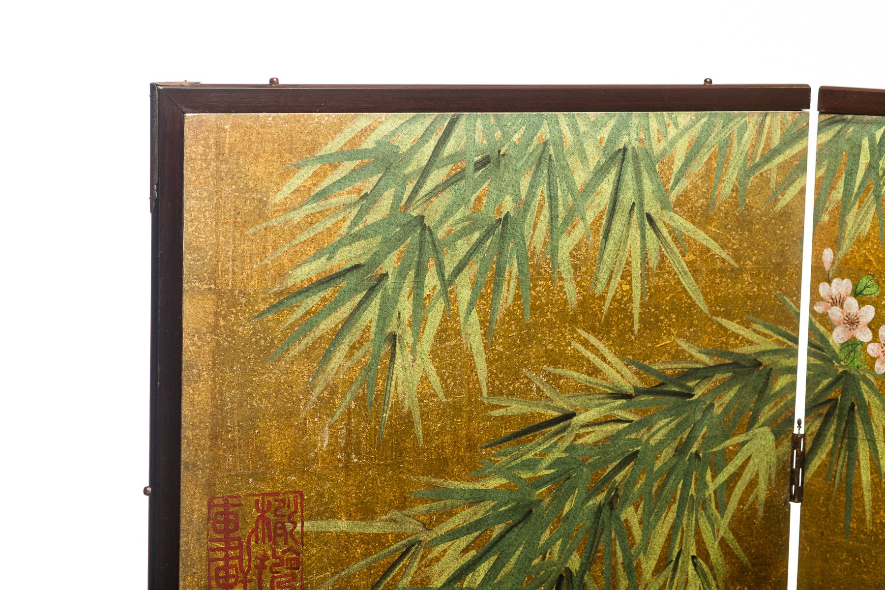 Lawrence & Scott Chinese Inspired "Bamboo Scene With Poem" Hand-Painted Gold Foil 2-Panel Screen 48" W x 50" H