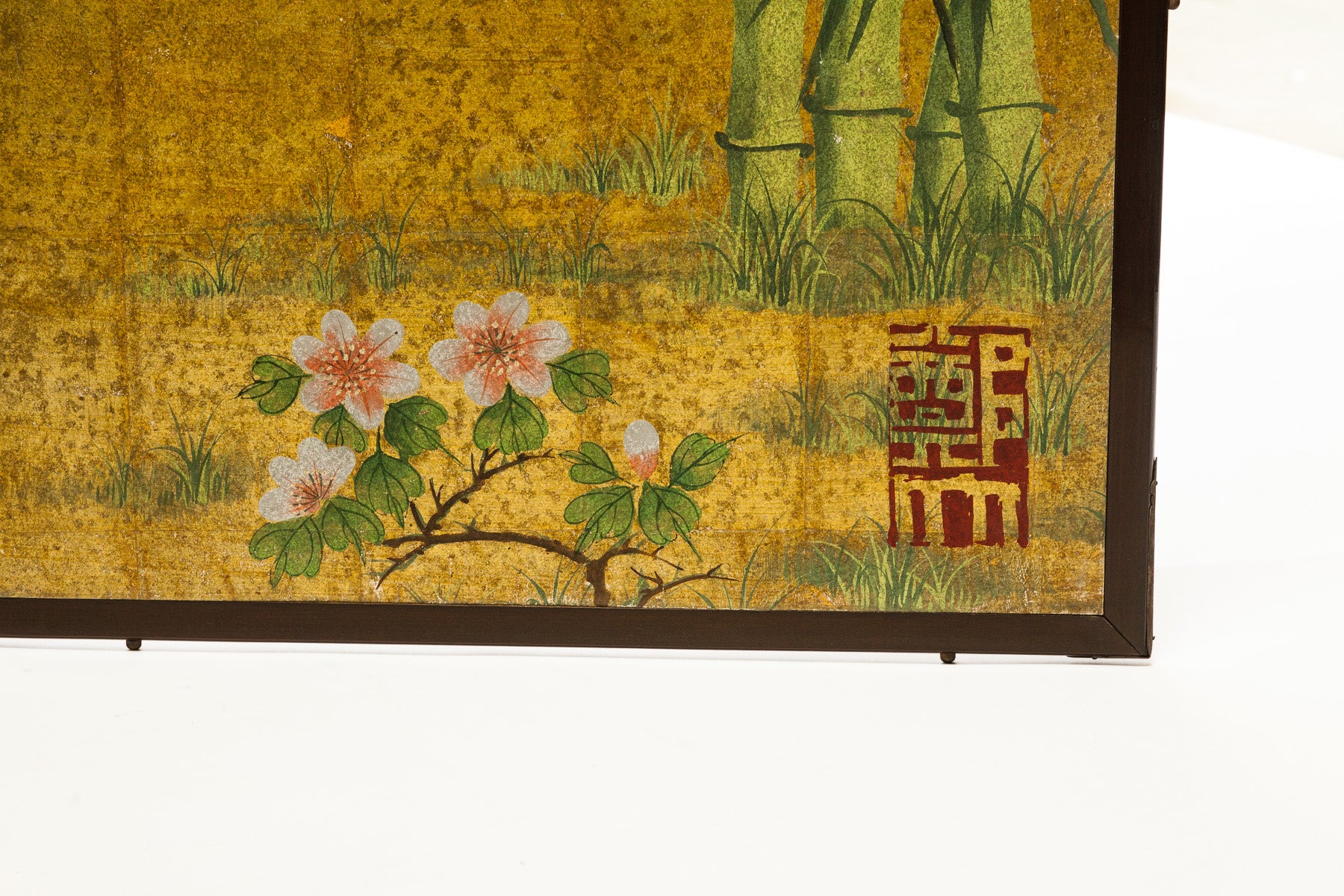 Lawrence & Scott Chinese Inspired "Bamboo Scene With Poem" Hand-Painted Gold Foil 2-Panel Screen 48" W x 50" H