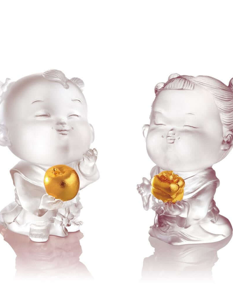 LIULI Crystal Art Crystal Dolls of Peace & Good Fortune, Baby Peace & Baby Ruyi (Set of 2), Powder White, 24K Gold Leaf