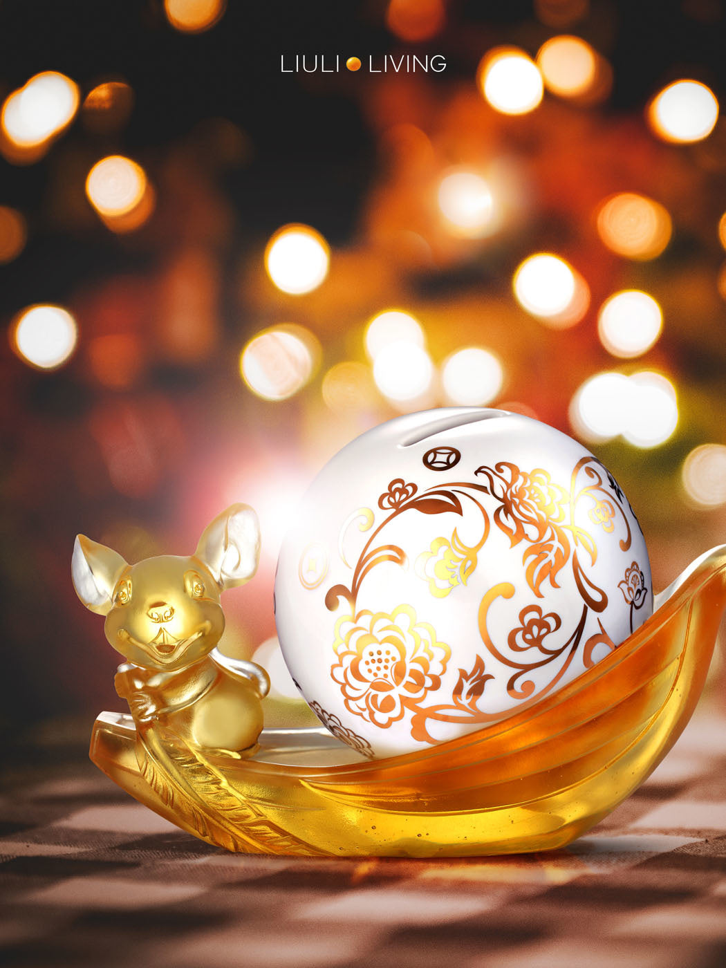 LIULI Crystal Art Crystal Mouse, Piggy Bank, Year of the Rat, "Aboard the Auspicious Ship"