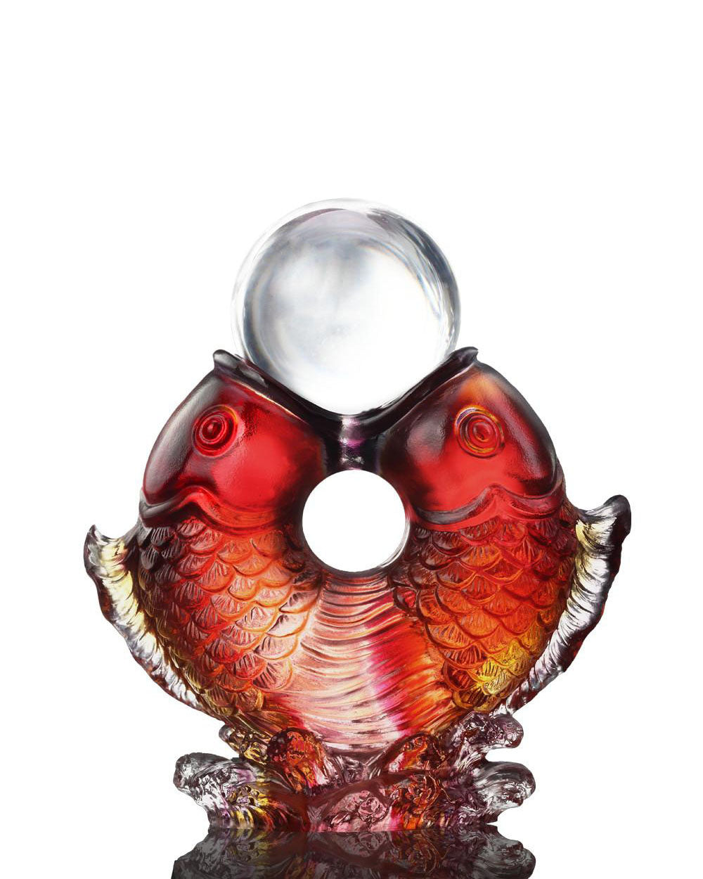 LIULI Crystal Art Crystal Twin Fish "Turning of Ruyi" Feng Shui Sculpture in Amber/Gold Red