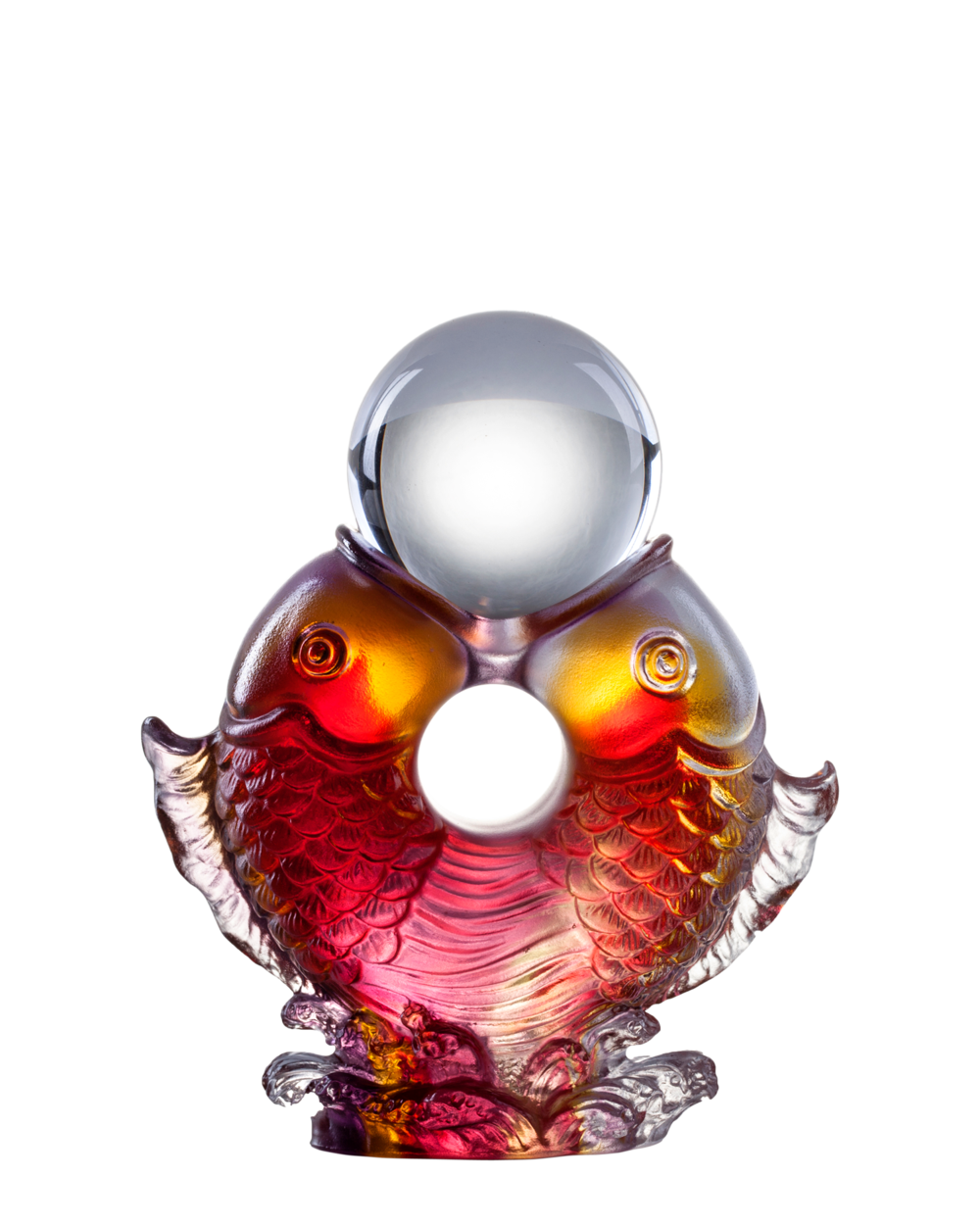 LIULI Crystal Art Crystal Twin Fish "Turning of Ruyi" Feng Shui Sculpture in Amber/Gold Red