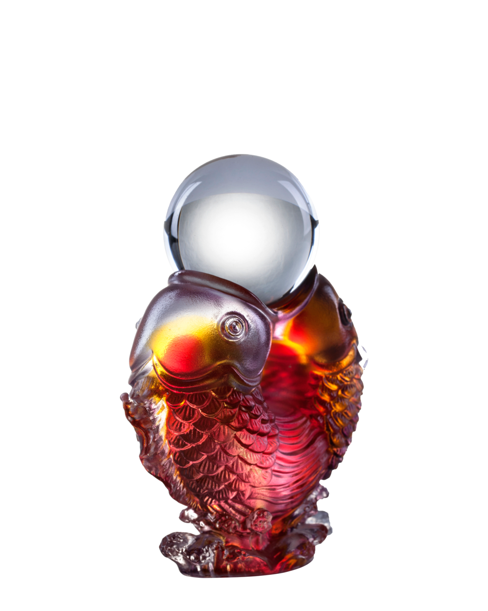 LIULI Crystal Art Crystal Twin Fish "Turning of Ruyi" Feng Shui Sculpture in Amber/Gold Red
