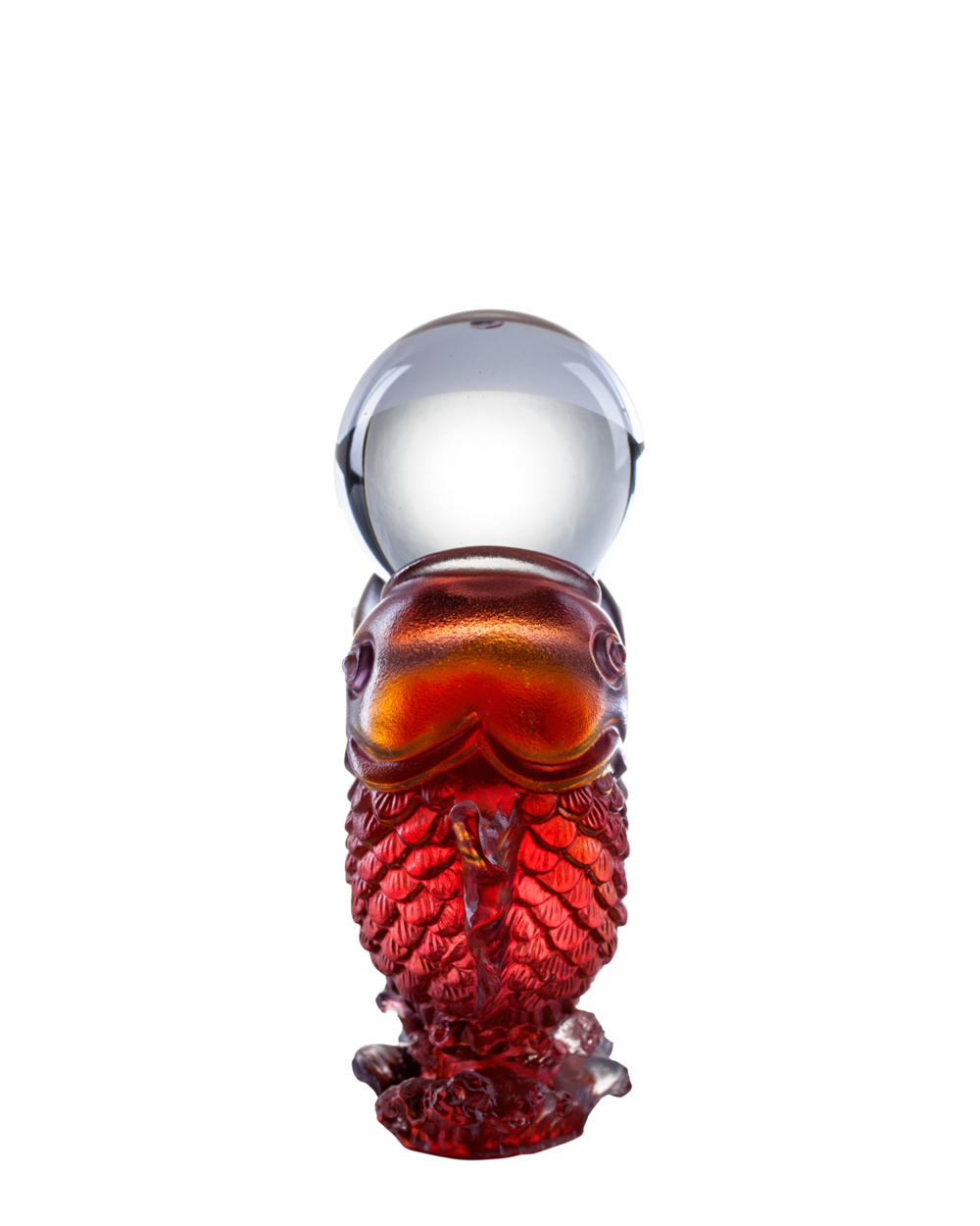 LIULI Crystal Art Crystal Twin Fish "Turning of Ruyi" Feng Shui Sculpture in Amber/Gold Red