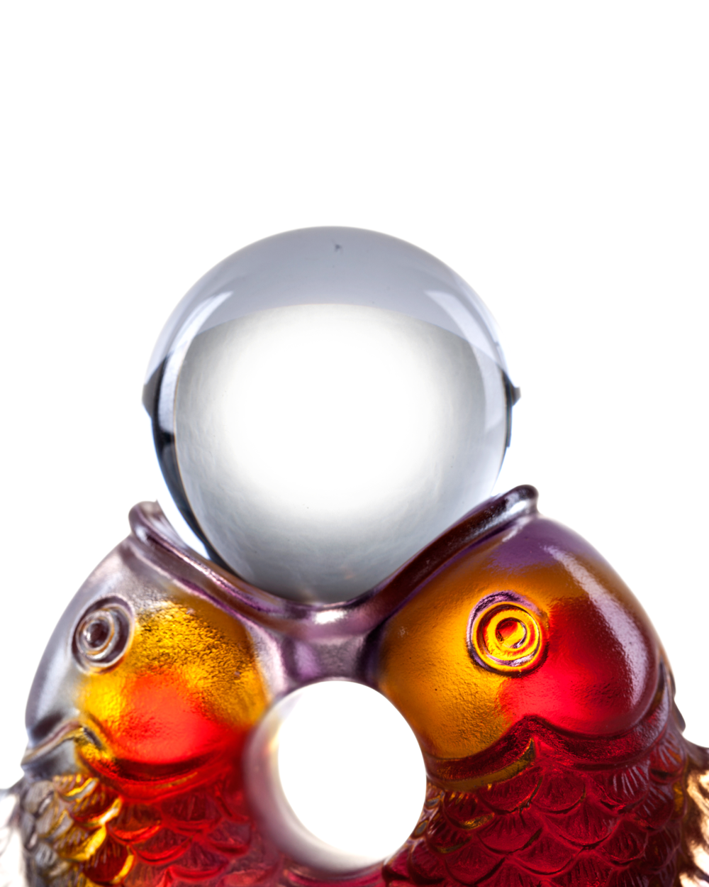 LIULI Crystal Art Crystal Twin Fish "Turning of Ruyi" Feng Shui Sculpture in Amber/Gold Red
